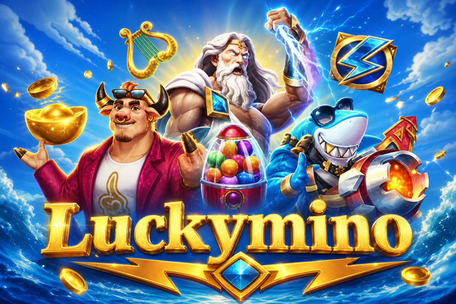 Luckymino: banteng, Zeus, hiu, gumball, teks Luckymino.